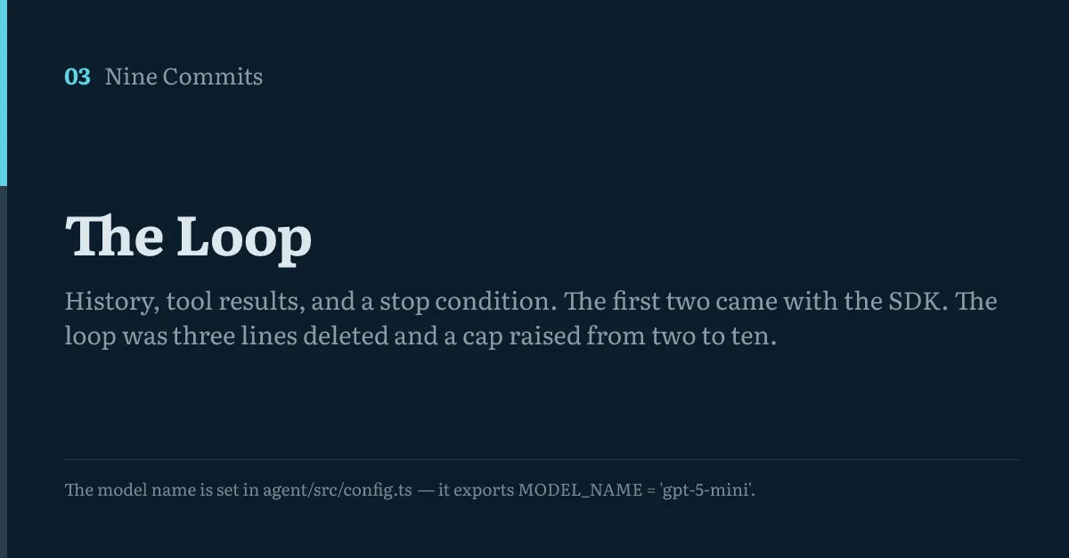 Title card for commit 03 of Nine Commits, The Loop, with the opening line of a recorded run printed beneath it