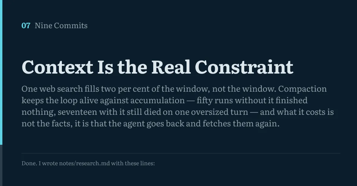 Title card for commit 07 of Nine Commits, Context Is the Real Constraint, with the opening line of a recorded run printed beneath it